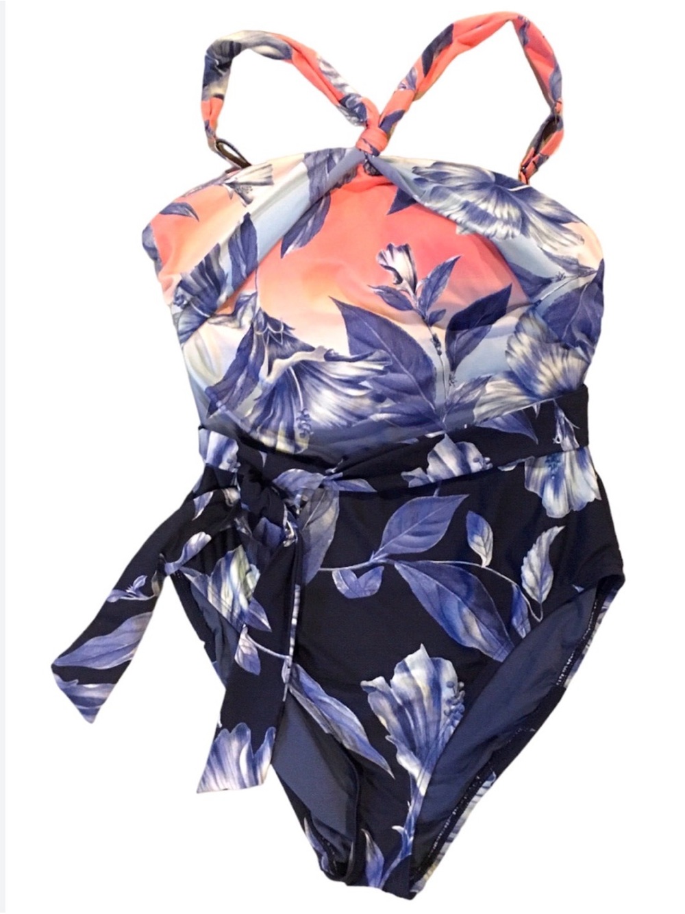 La Blanca Floral One-Piece Swimsuit in Coral & Navy - Adjustable Tie